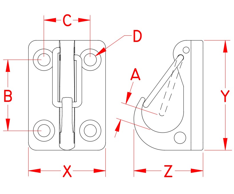 Stainless Steel Wall or Ceiling Clip, webbing hardware, S0230-0000, Line Drawing Stainless Steel Wall or Ceiling Clip, webbing hardware, S0230-0000, Line Drawing